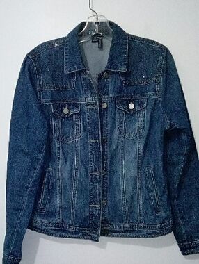 French Dressing Classic Dark Blue Sparkling Floral Denim Jacket - Women